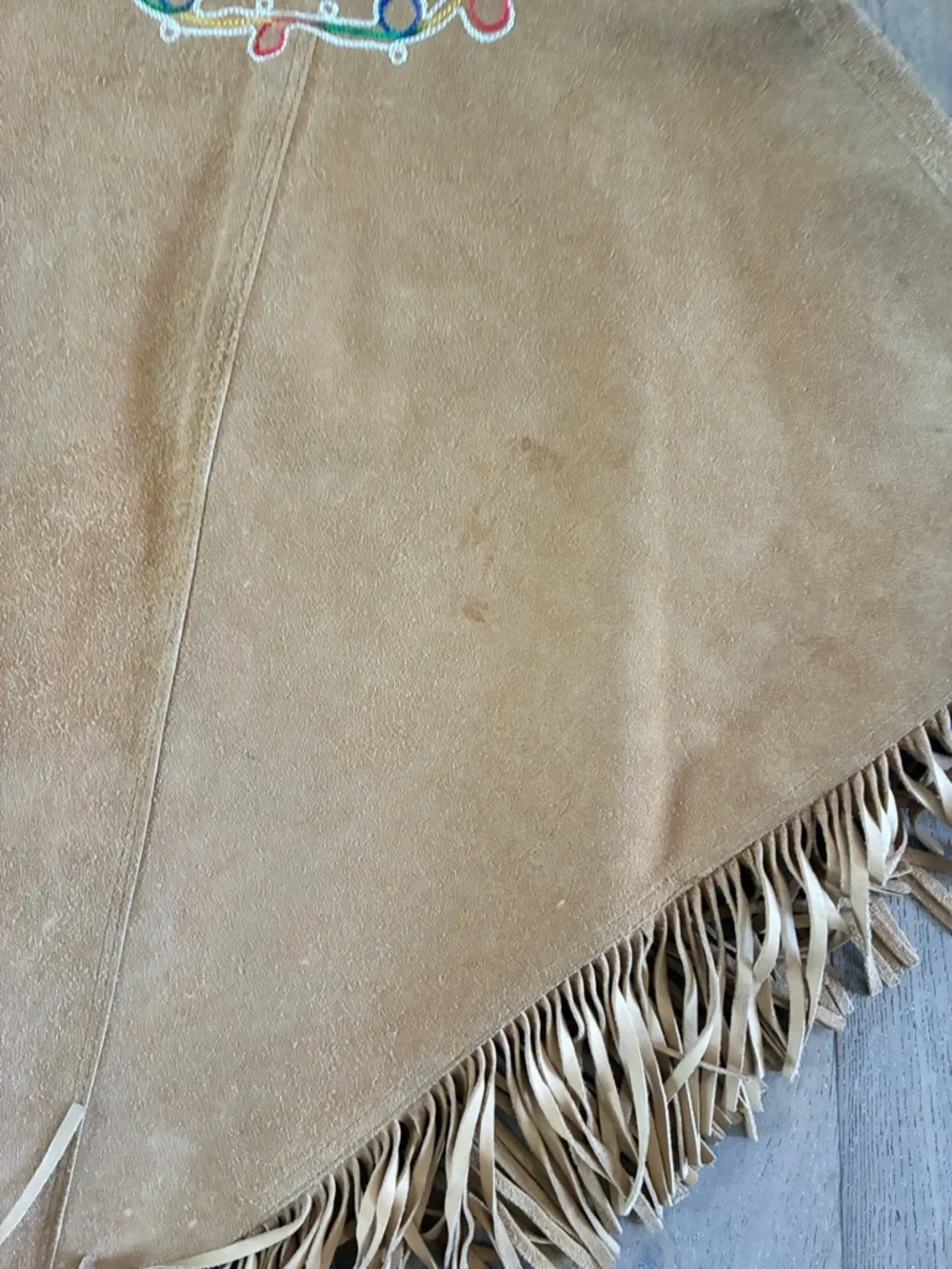 Fringed Suede Embroidered Poncho in Tan